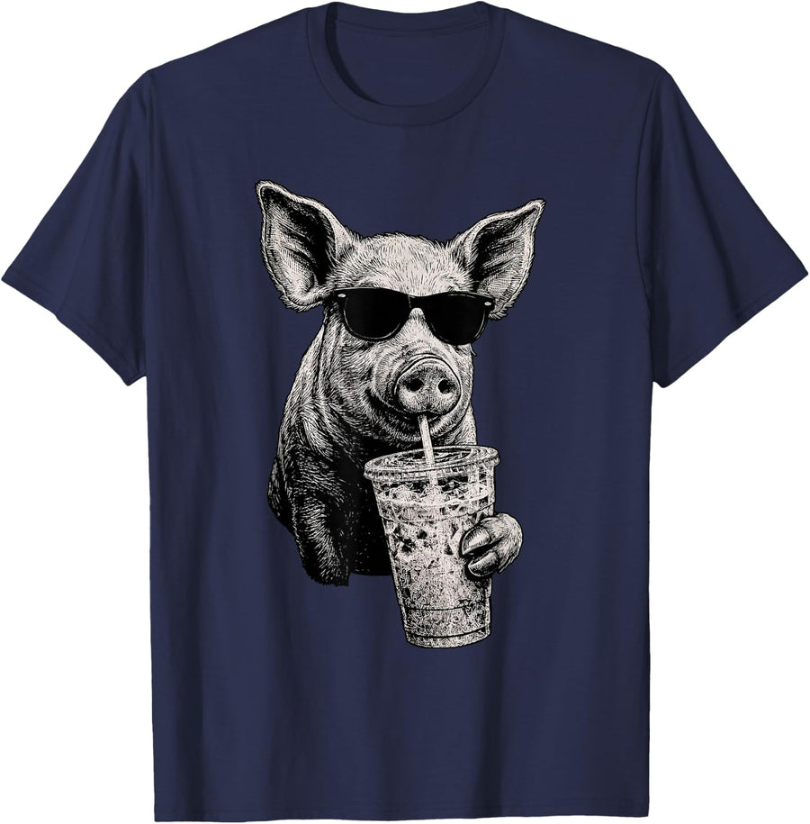Funny Pig Drinking Iced Coffee Farm Animal Humor T-Shirt - Navy Blue