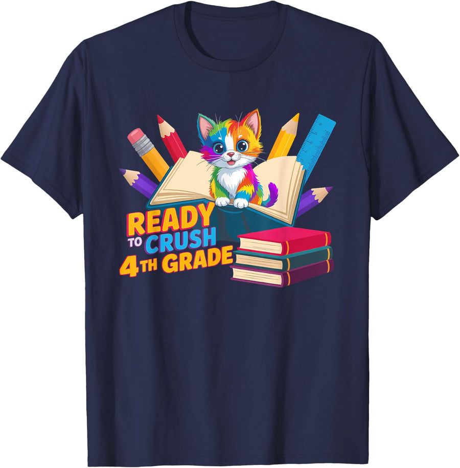 Ready to Crush 4th Grade Cat Kitten Lovers First Day School T-Shirt - Navy Blue