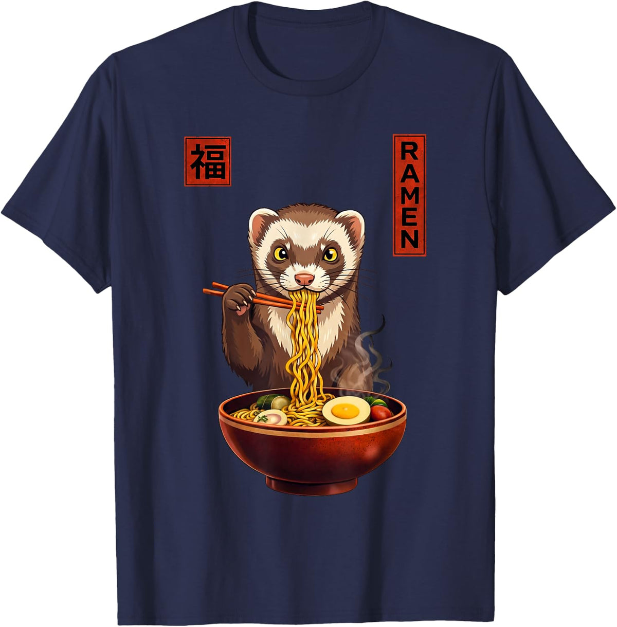 Ferret Ramen Japanese Art Funny Anime Graphic Tee Kawaii T-Shirt - Navy Blue