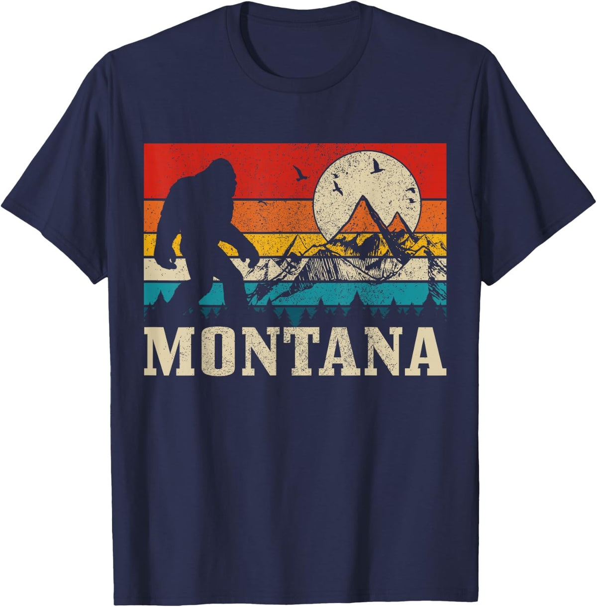 Montana Bigfoot Vintage Mountains Hiking Camping Hunter Gift T-Shirt - Navy Blue