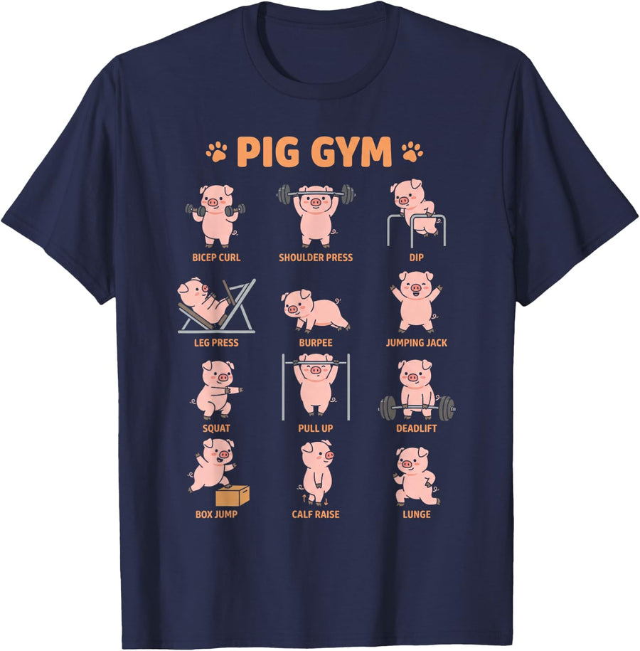 Pig Gym Kawaii Poses Cute Funny Animal Chart T-Shirt - Navy Blue