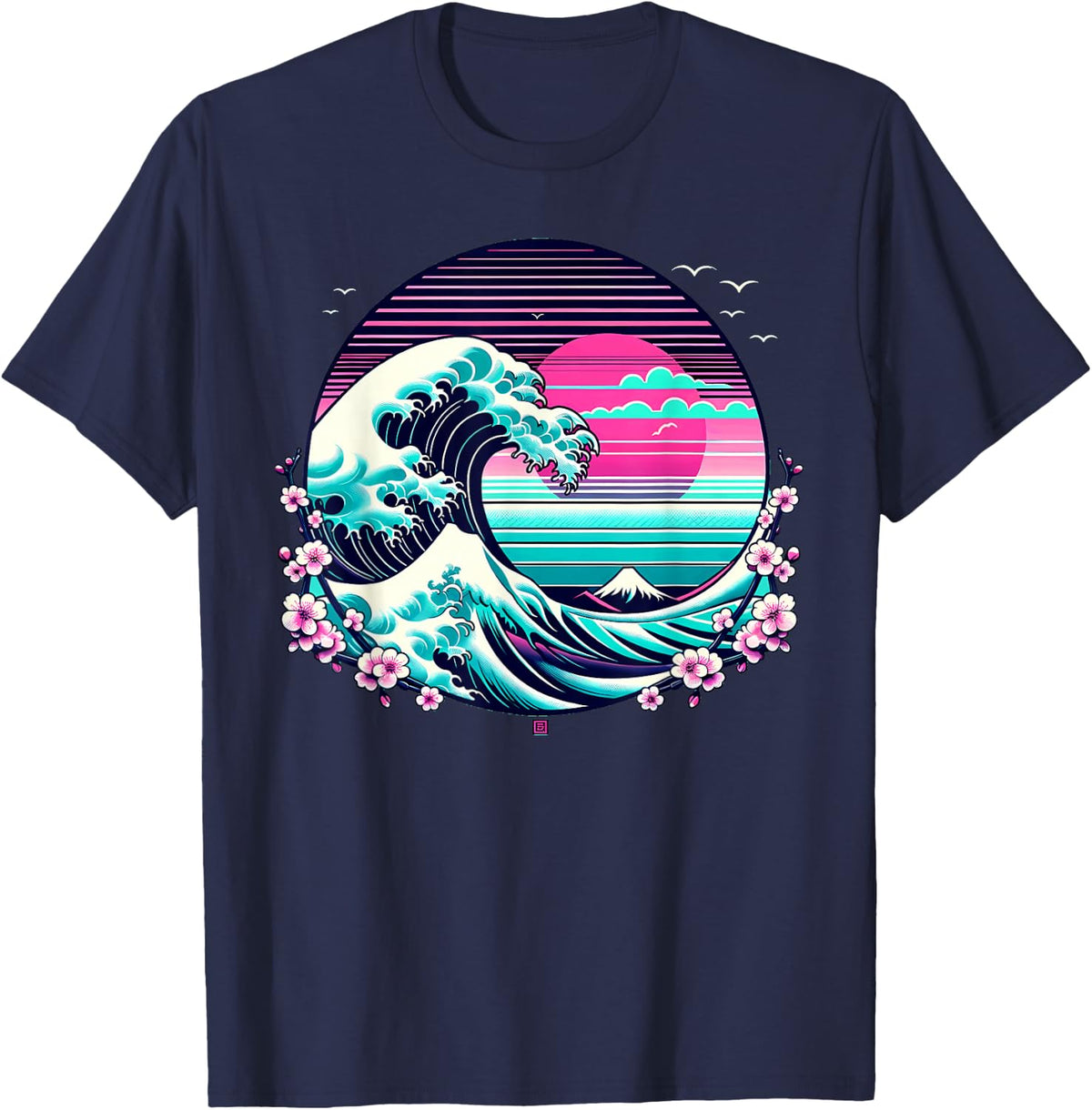 Great Wave Retro Synthwave Japanese Sunset Cherry Blossom T-Shirt - Navy Blue