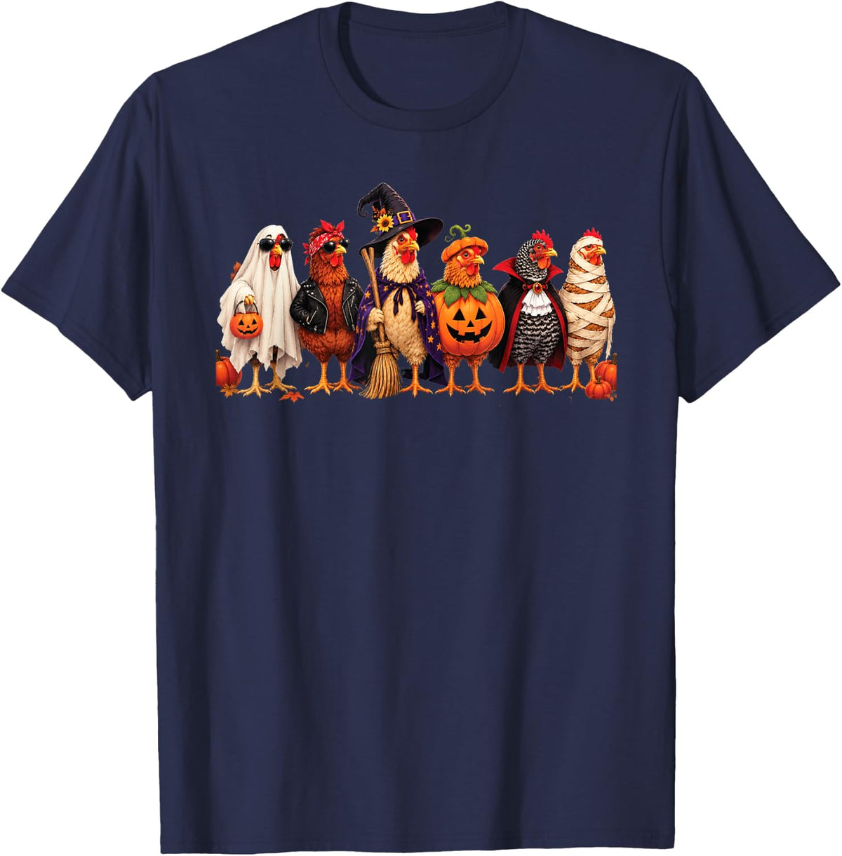 Funny Chicken Halloween Costumes Ghost Pumpkin Skeleton T-Shirt - Navy Blue