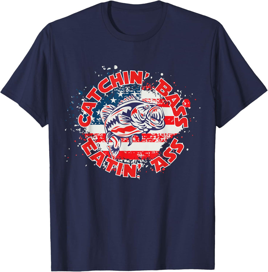 Catchin' Bass Eatin' Ass Bass Fishing Funny Humor Fish T-Shirt - Navy Blue