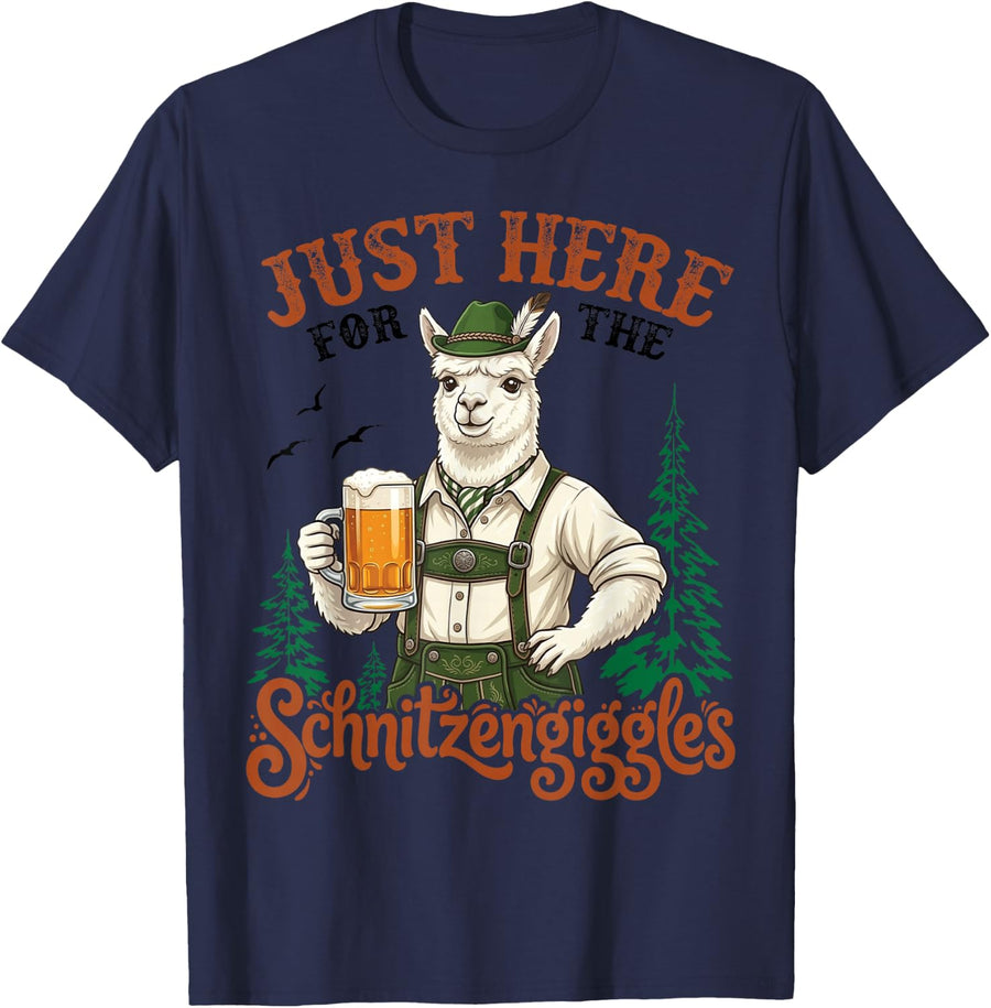 Alpaca Drinking Beer Just Here for The Schnitzengiggles T-Shirt - Navy Blue
