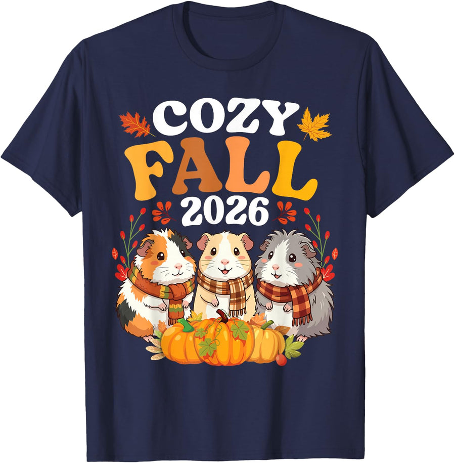 Cozy Fall 2026 Genuine Pig Together Autumn Leaves Pumpkin T-Shirt - Navy Blue