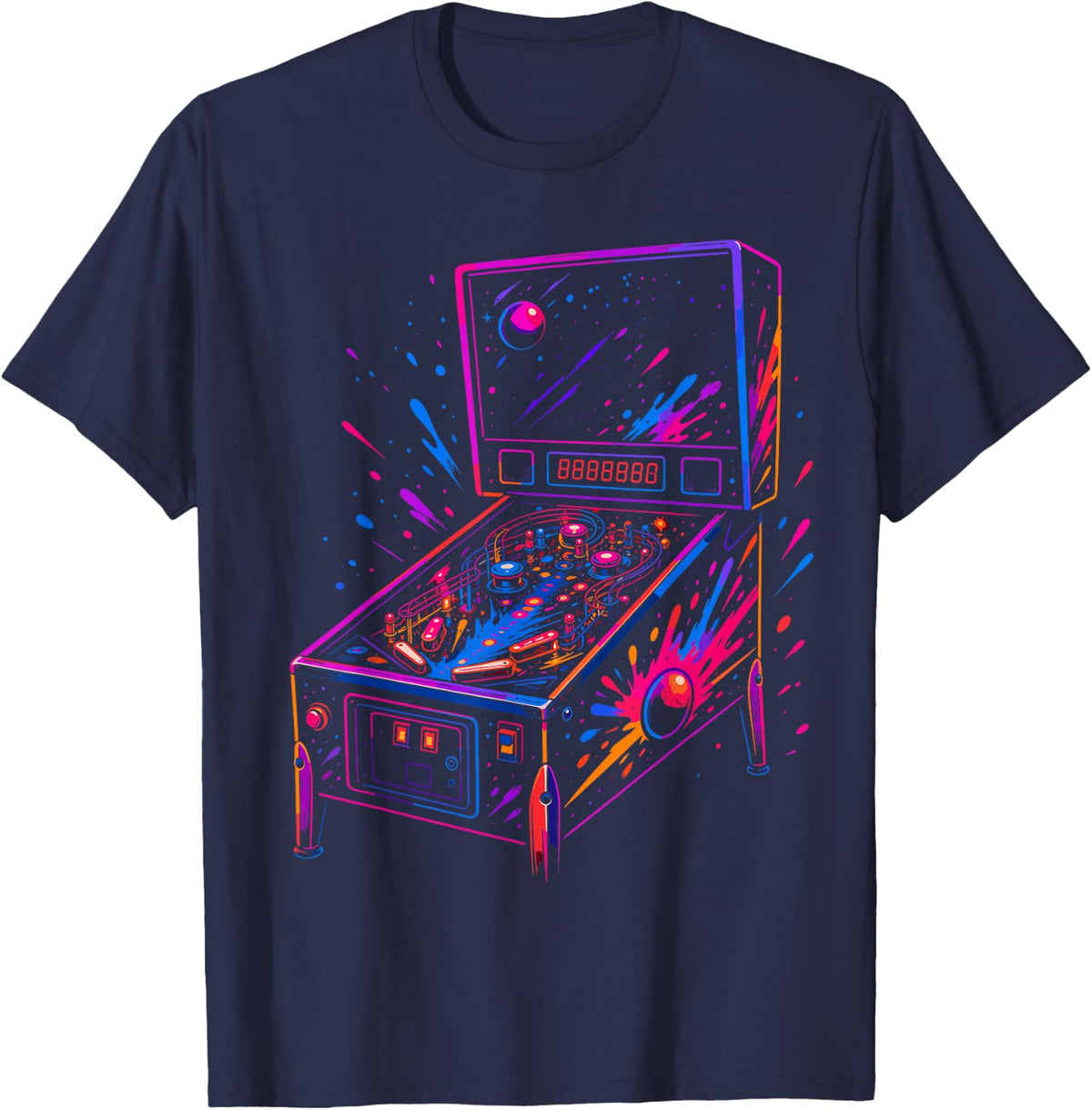 Retro Pinball Machine 80s Arcade Gamer Art T-Shirt - Navy Blue