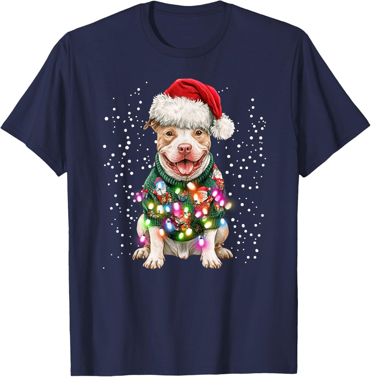Cute Pitbull Dog Christmas Lights Santa Hat Men Women Kids T-Shirt - Navy Blue