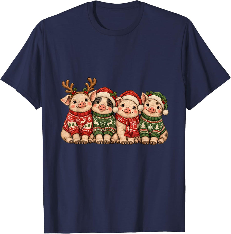 Cute Christmas Pigs in Sweaters Santa Hats Holiday Pig Lover T-Shirt - Navy Blue