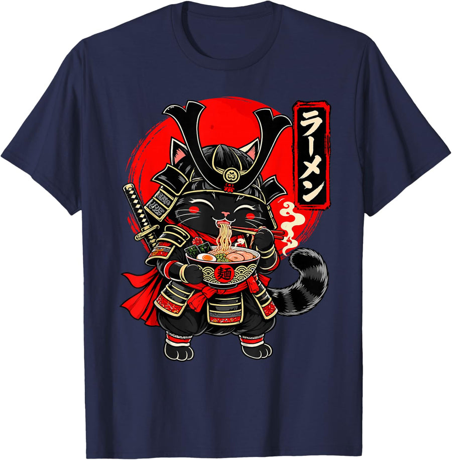 Cute Samurai Cat Eating Ramen Kawaii Japanese Warrior T-Shirt - Navy Blue