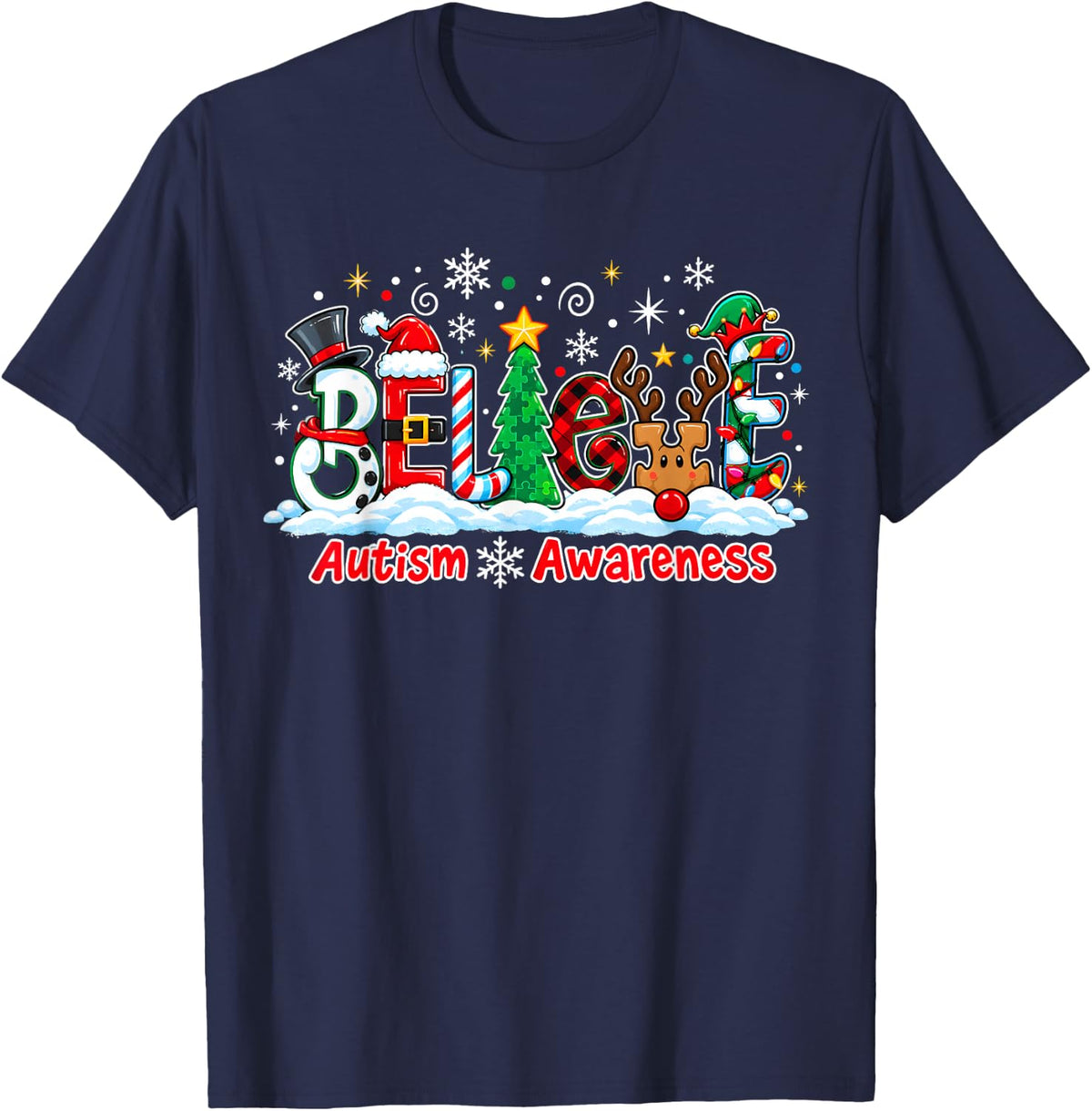 Believe Autism Awareness Christmas Holiday Teachers Kids T-Shirt - Navy Blue
