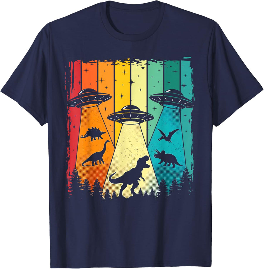 Cool Dinosaur Art for Men Women UFO Alien Abduction Dinosaur T-Shirt - Navy Blue