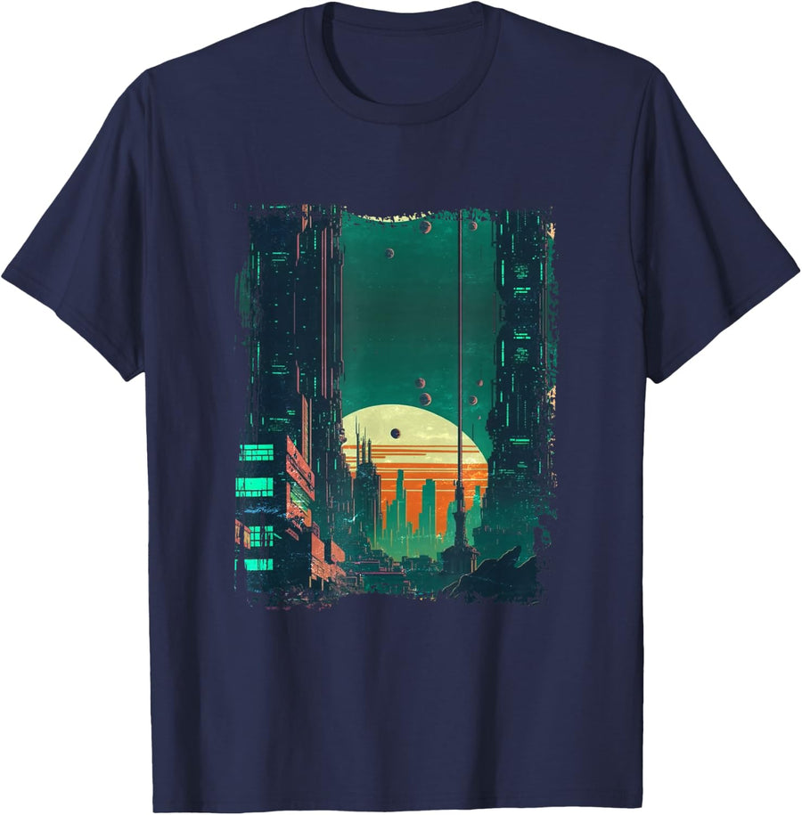 Retro Vintage Sunset In A Synthwave/Cyberpunk City Art T-Shirt - Navy Blue