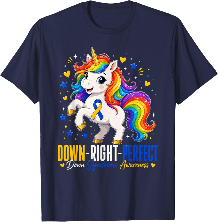 Unicorn Down Right Perfect Down Syndrome Awareness Month T-Shirt - Navy Blue