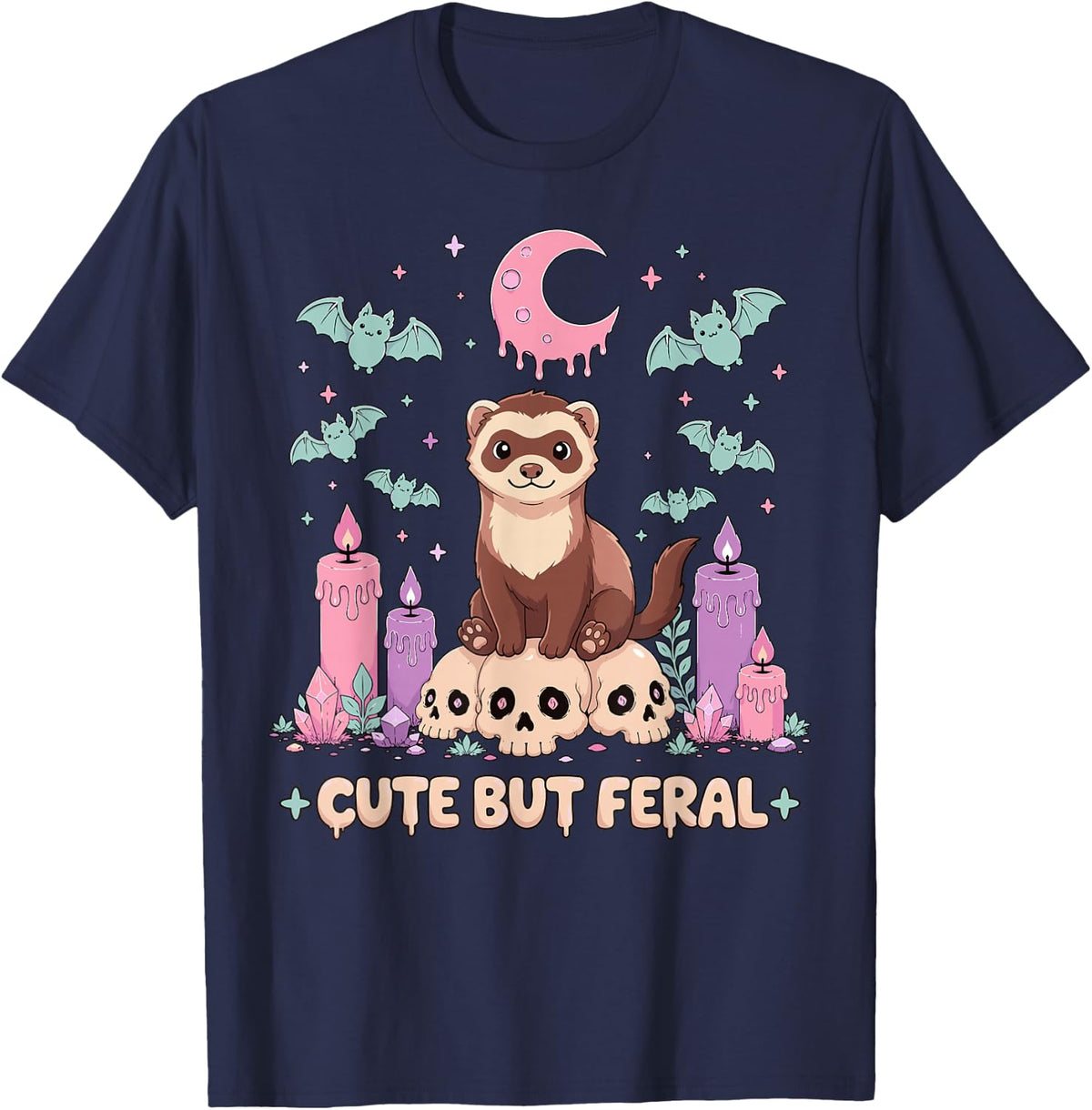 Ferret Cute But Feral Kawaii Pastel Goth T-Shirt - Navy Blue