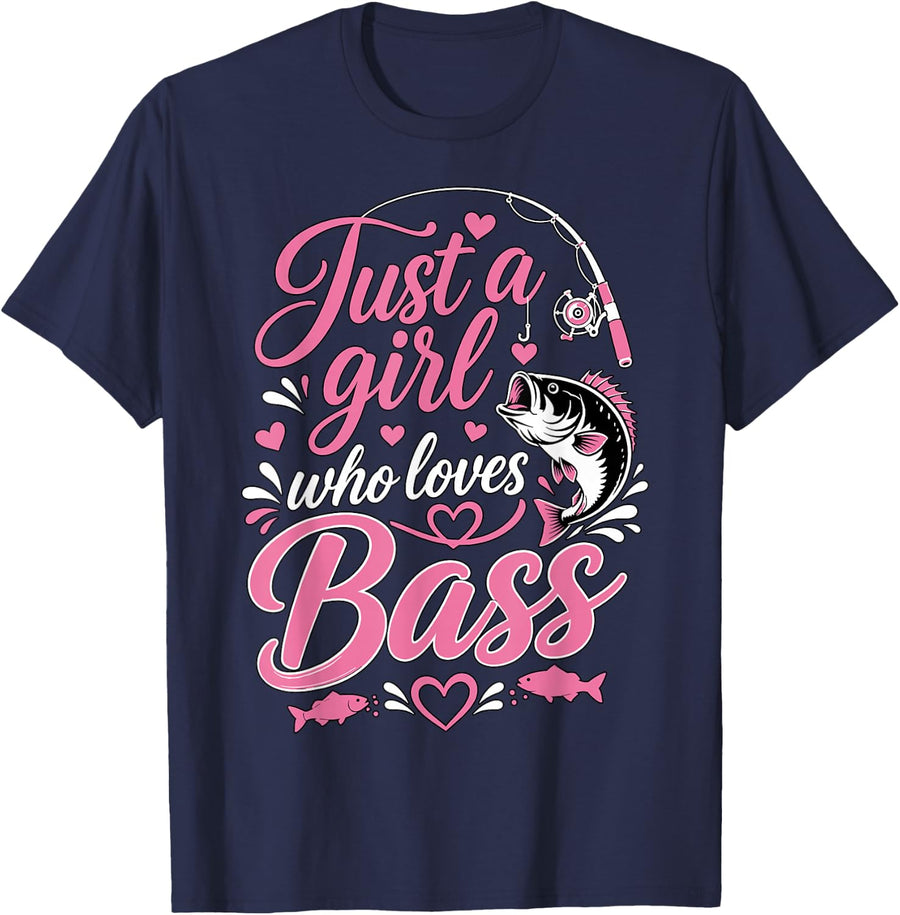 Just a Girl Who Loves Bass Fishing Pink T-Shirt - Navy Blue