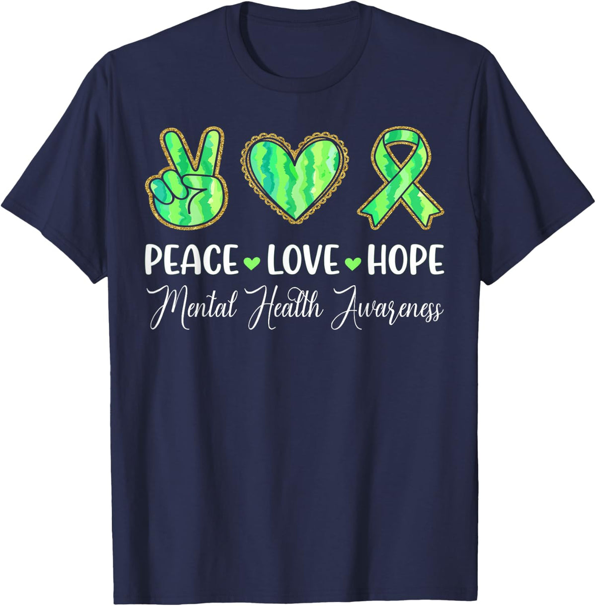 Green Ribbon Peace Love Heart Mental Health Awareness T-Shirt - Navy Blue