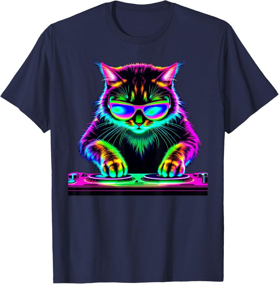 DJ Cat Techno EDM Music Lover Rave Disco Party Cats T-Shirt - Navy Blue