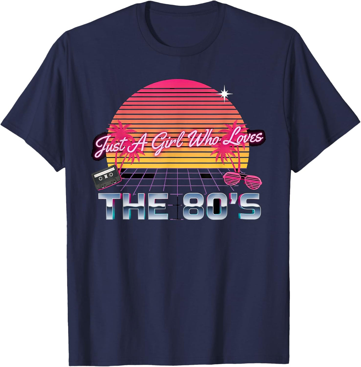 Just A Girl Who Loves The 80's Synthwave Sunset Retro T-Shirt - Navy Blue