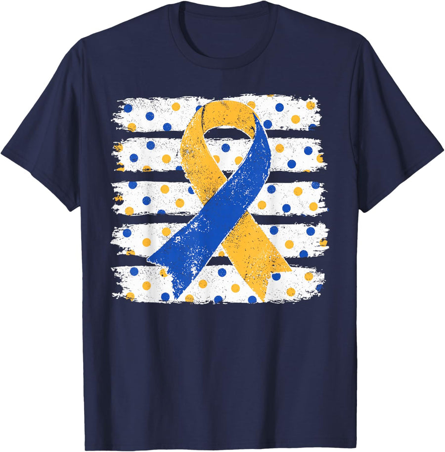 Down Syndrome Awareness Blue Yellow Ribbon Polka Dot Stripes T-Shirt - Navy Blue