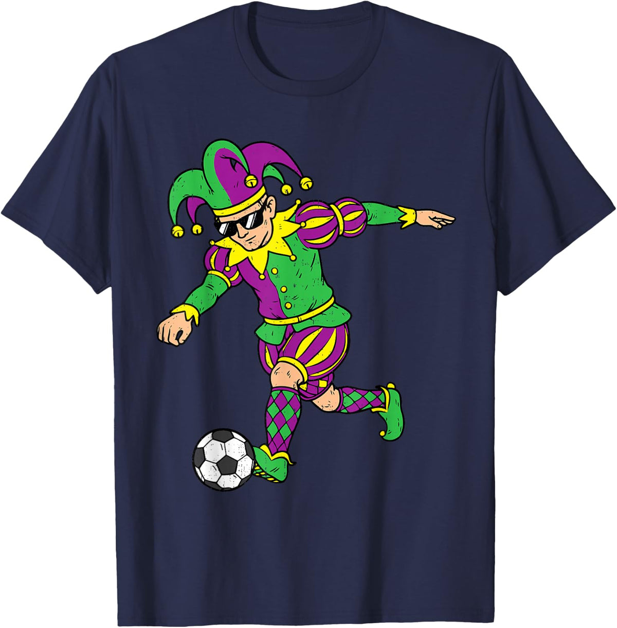 Jester Playing Soccer Mardi Gras Carnival Sport Men Boy Kids T-Shirt - Navy Blue