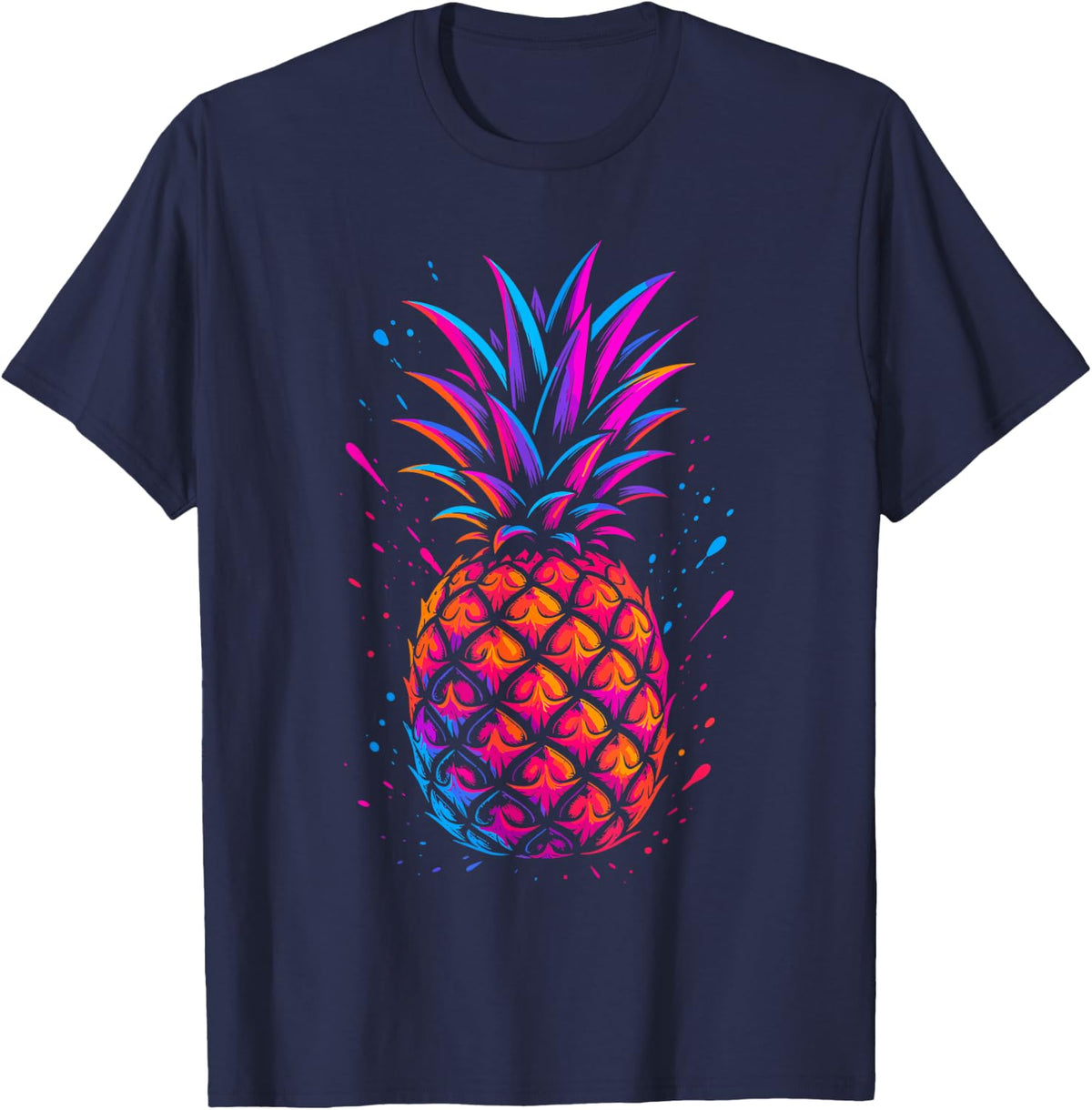 Tropical Pineapple Retro Summer Fruit Graphic T-Shirt - Navy Blue