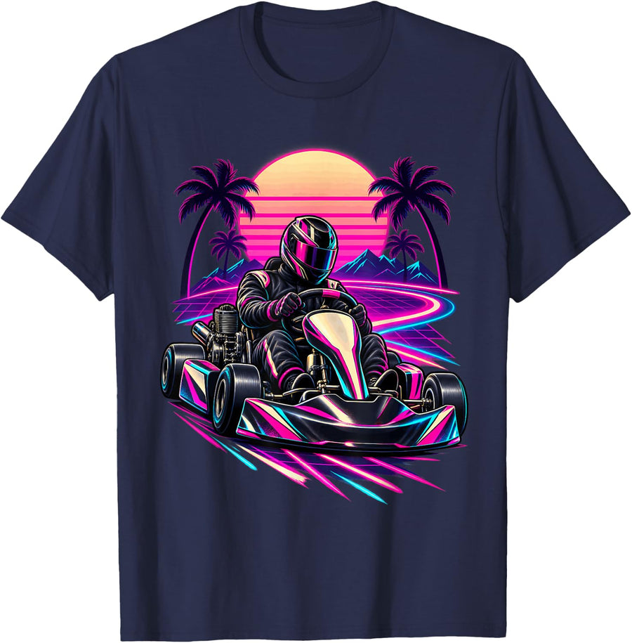 Retrowave Go Kart Racer Synthwave Go Kart Racing Driver T-Shirt - Navy Blue