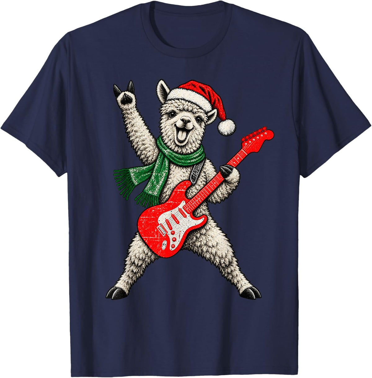 Vintage Alpaca Rock Playing Guitar Funny Christmas T-Shirt - Navy Blue