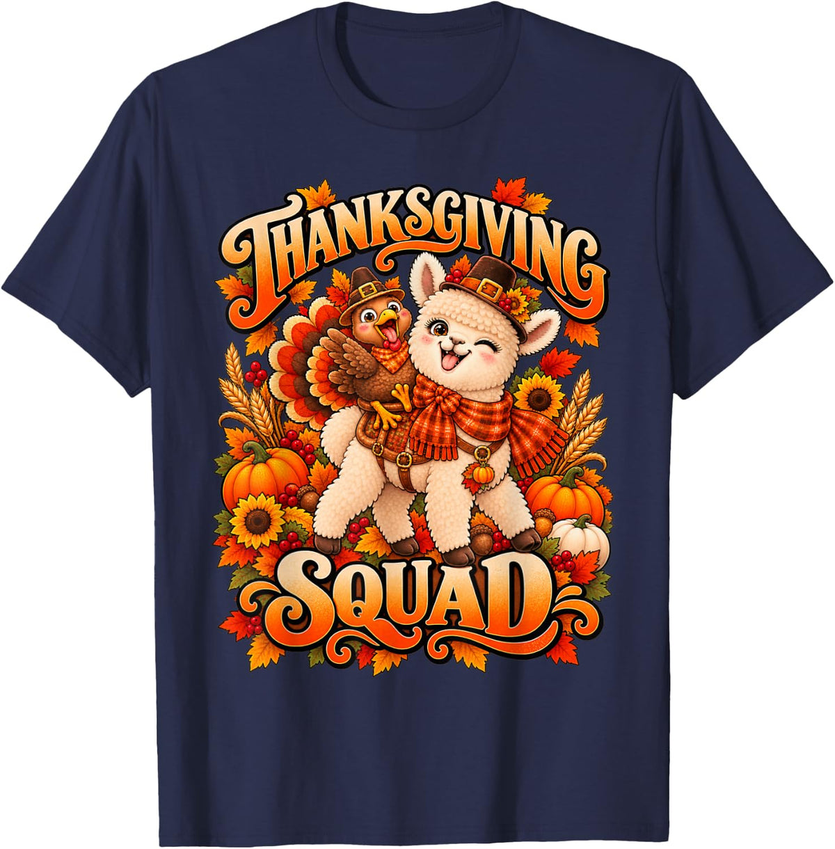 Thanksgiving Animal Lovers Alpaca Turkey Pumpkin Fall T-Shirt - Navy Blue