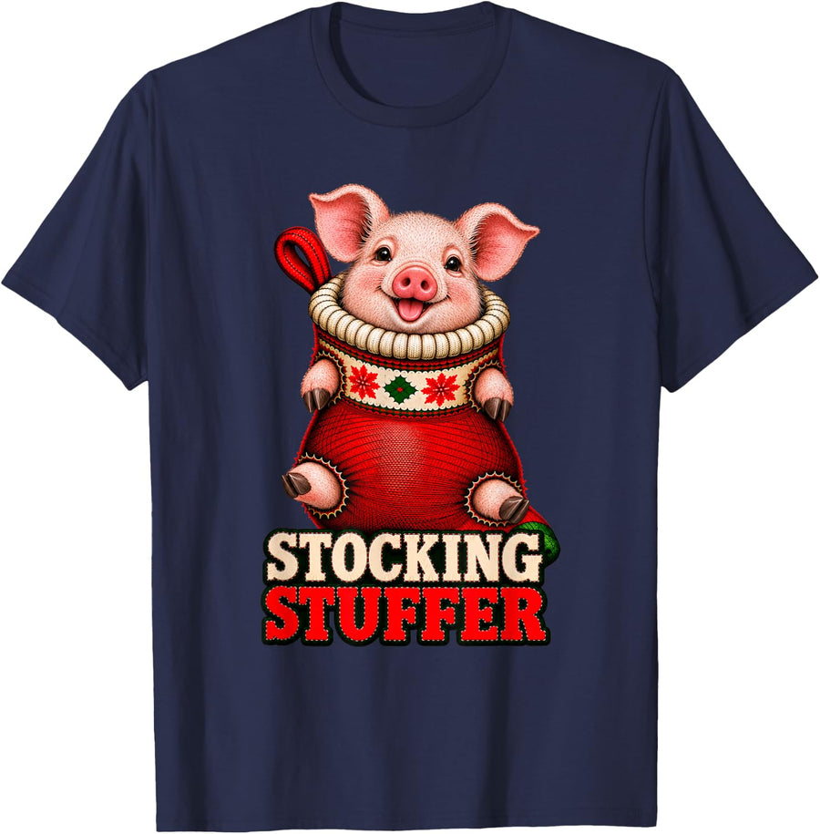 Pig Piglet Christmas Stocking Stuffer T-Shirt - Navy Blue