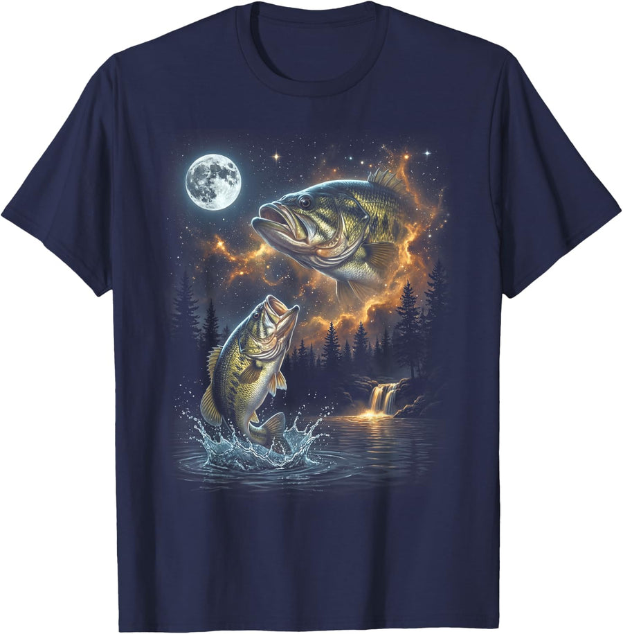 Bass Fish Howling at The Moon 90s Vintage Angler Fisherman T-Shirt - Navy Blue