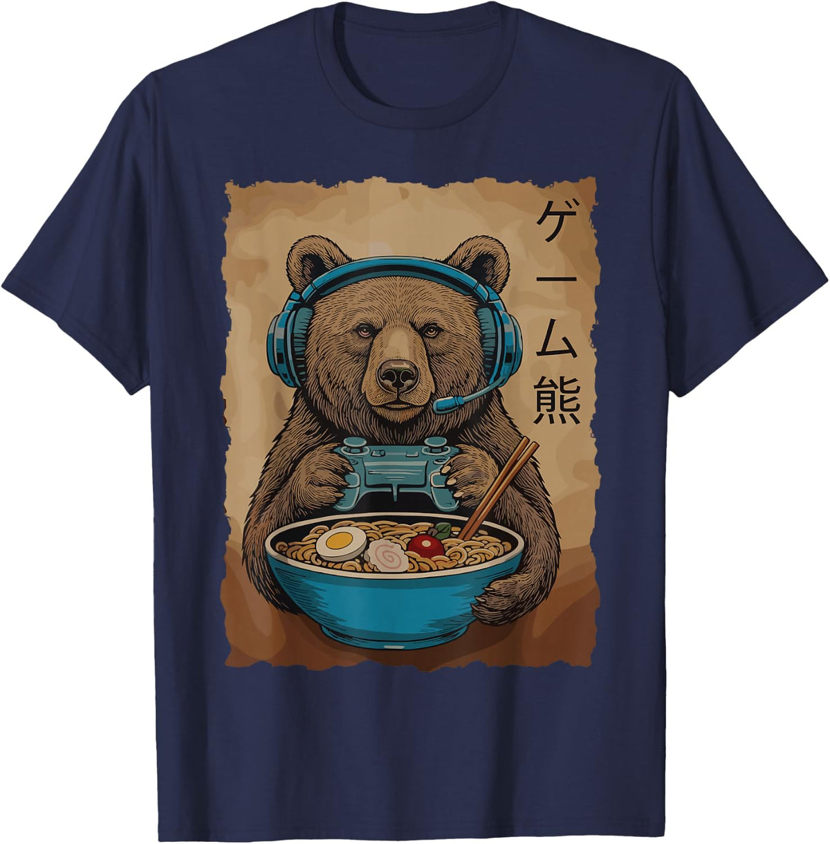 Bear Gamer Ramen Gaming Funny Men Women Kids T-Shirt - Navy Blue