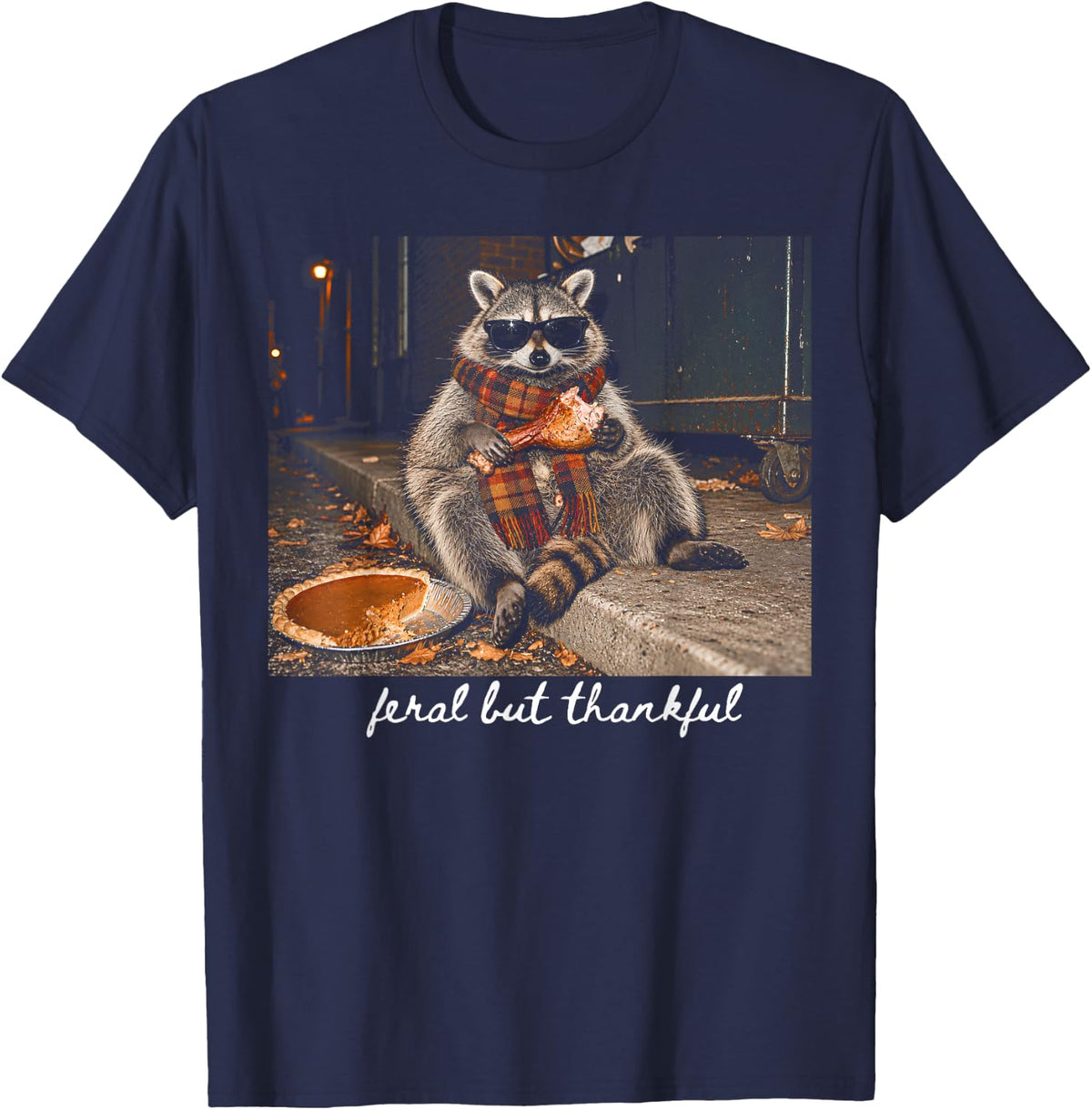 Feral But Thankful Thanksgiving Raccoon Friendsgiving Fall T-Shirt - Navy Blue