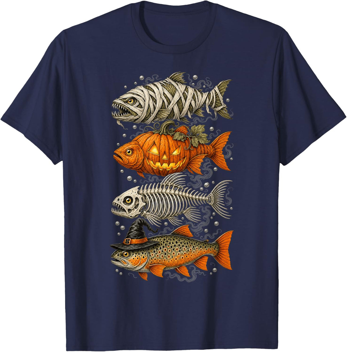 Halloween Trout Fish Fisherman Ghost Pumpkin Skeleton Mummy T-Shirt - Navy Blue