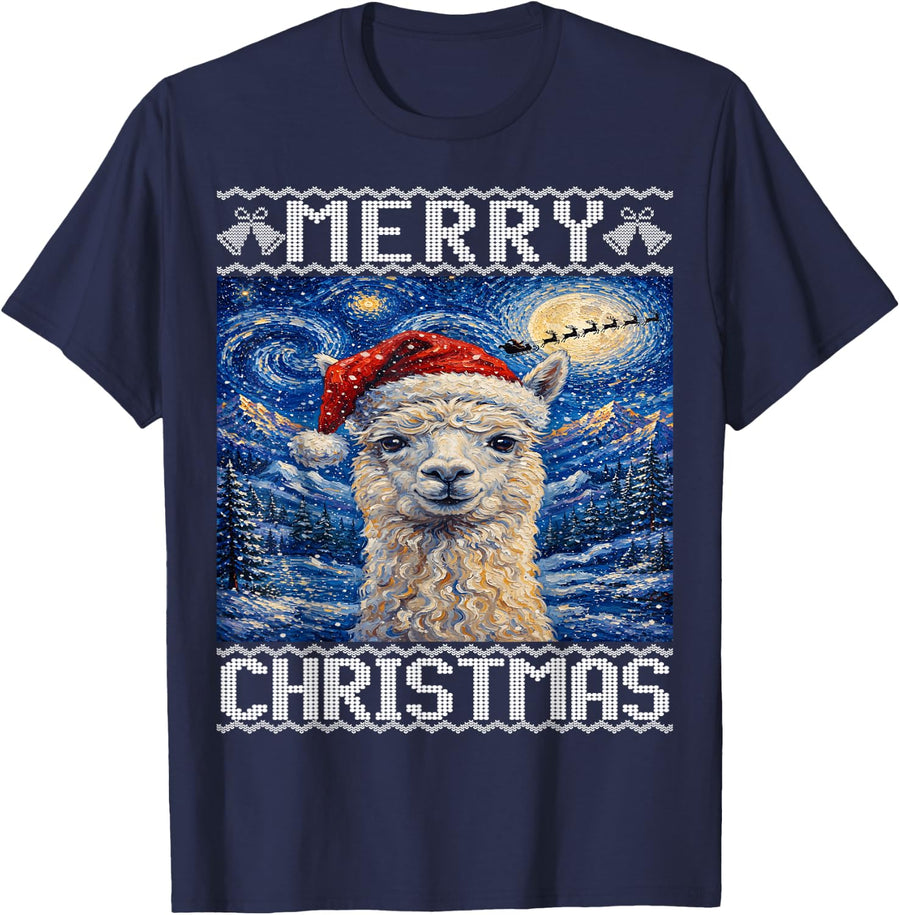 Alpaca Merry Christmas Ugly T-Shirt - Navy Blue