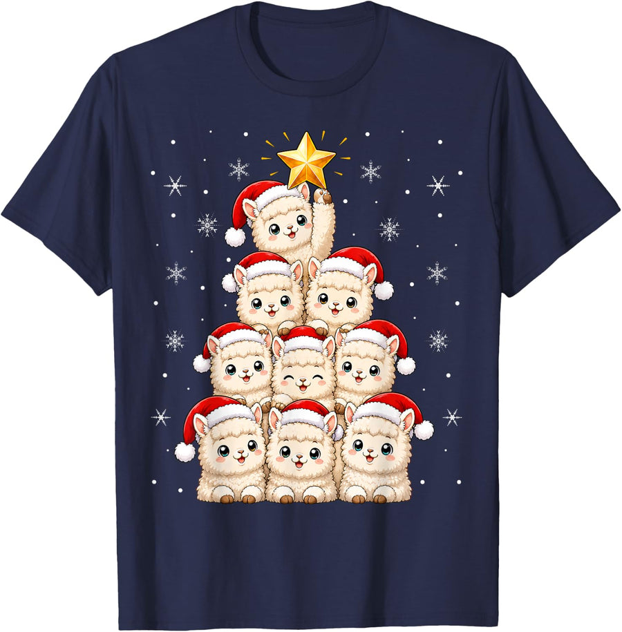 Alpaca Llama Christmas Tree Cute Animal Festive Santa Xmas T-Shirt - Navy Blue