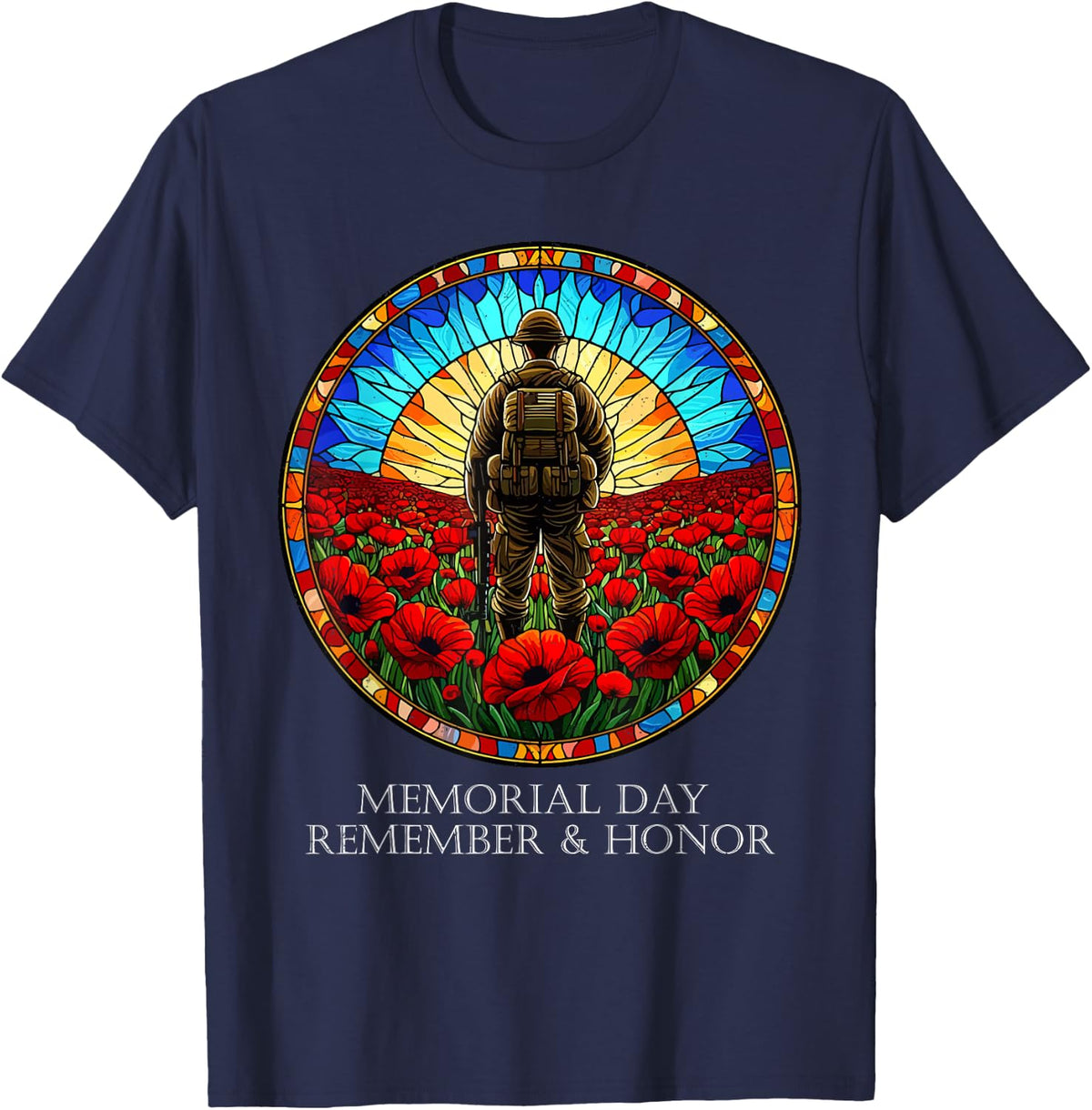 Remember And Honor Memorial Day Red Poppy Veteran Army T-Shirt - Navy Blue