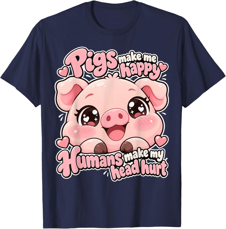 Pigs Make Me Happy Kawaii Piglet Funny Giant Piggy Head T-Shirt - Navy Blue