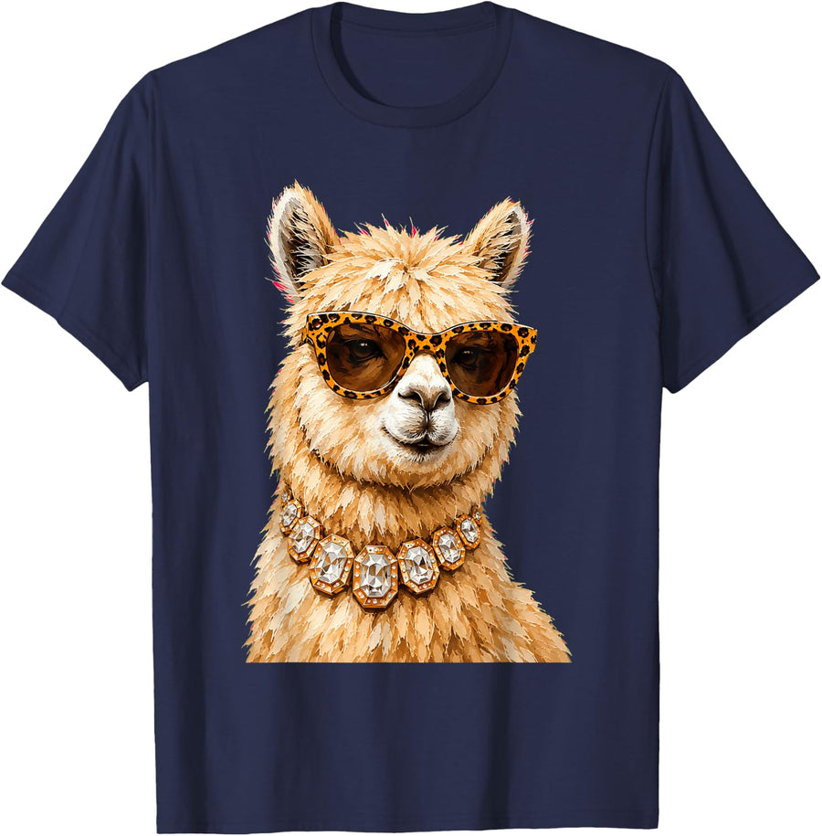 Cool Alpaca Roar Leopard Sunglasses Funny Humor T-Shirt - Navy Blue