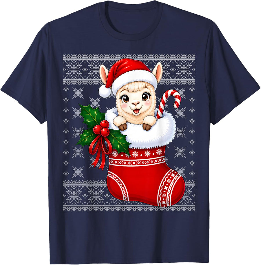 Llama Alpaca Christmas Stocking Cute Festive Ugly Xmas T-Shirt - Navy Blue