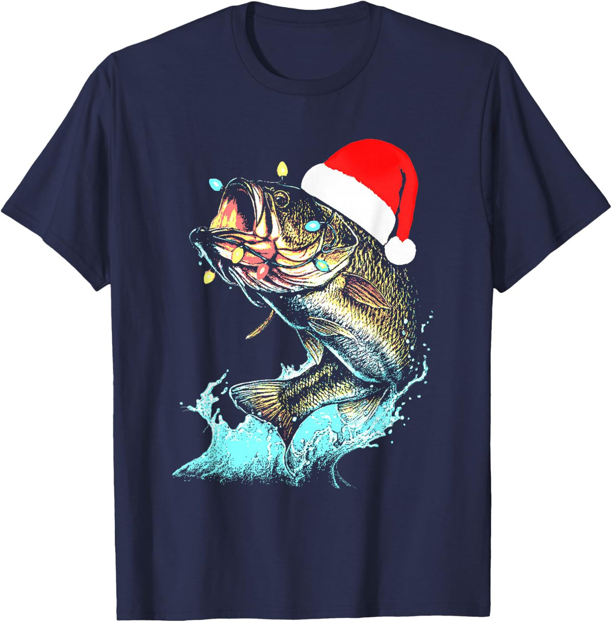 Christmas Dad Bass Fish Funny Fishing Santa Hat Lights Men T-Shirt - Navy Blue
