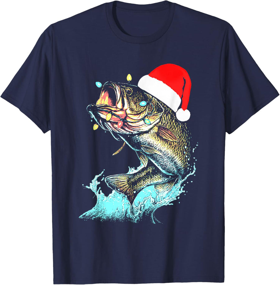 Christmas Dad Bass Fish Funny Fishing Santa Hat Lights Men T-Shirt - Navy Blue