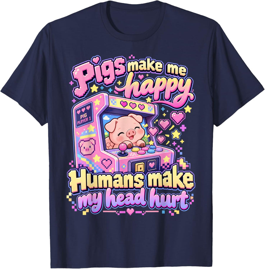 Pigs Make Me Happy Kawaii Piglet Funny Piggy Retro Arcade T-Shirt - Navy Blue