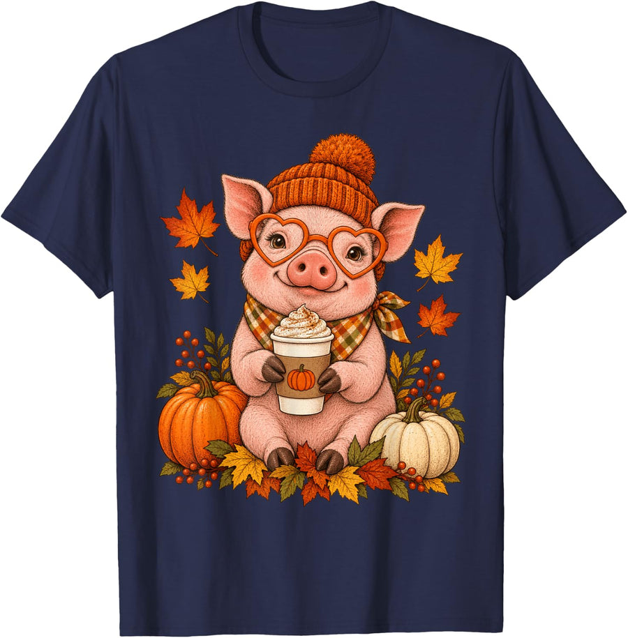 Pig Fall Autumn Season Pumpkin Spice Farm Animal T-Shirt - Navy Blue