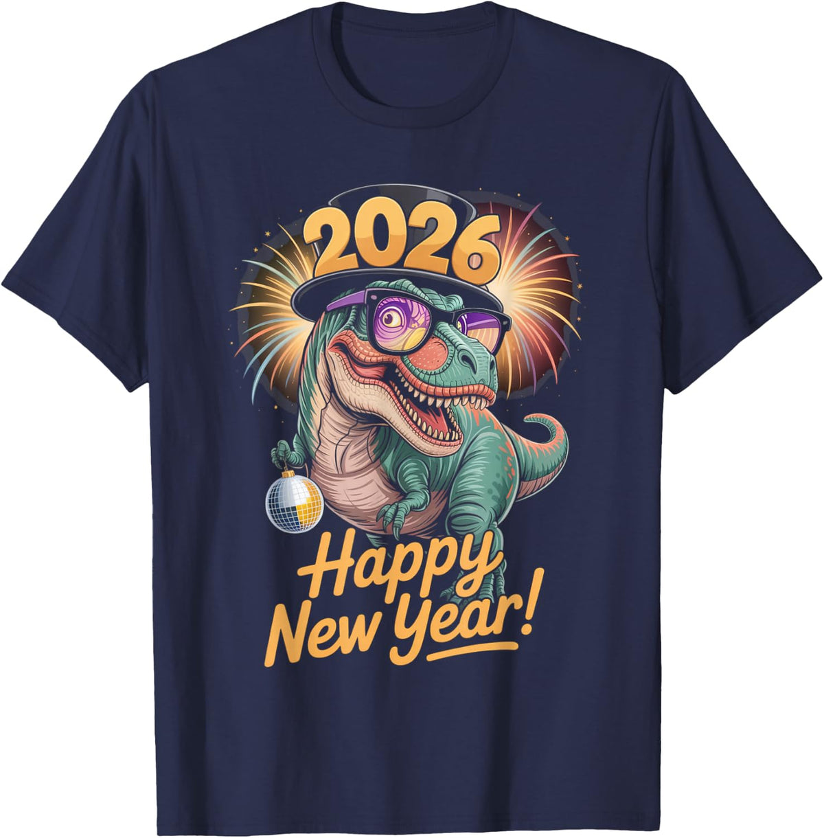 Happy New Year 2026 Dinosaur Funny T-Rex Tee for Kids Teens T-Shirt - Navy Blue