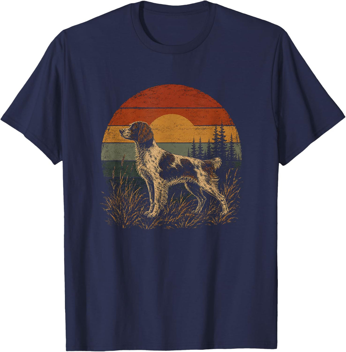 Retro Brittany Spaniel Artwork Design T-Shirt - Navy Blue