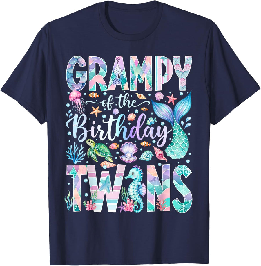 Grampy of The Birthday Twins Under The Sea Mermaid T-Shirt - Navy Blue