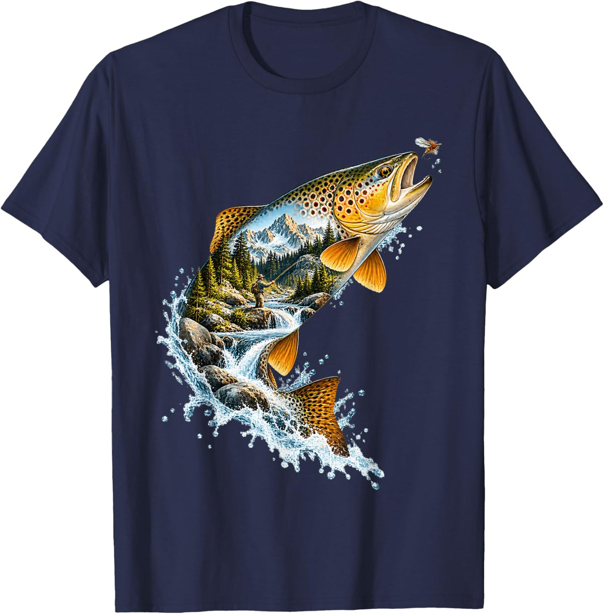 Trout with Fly Fisher River Scene T-Shirt - Navy Blue