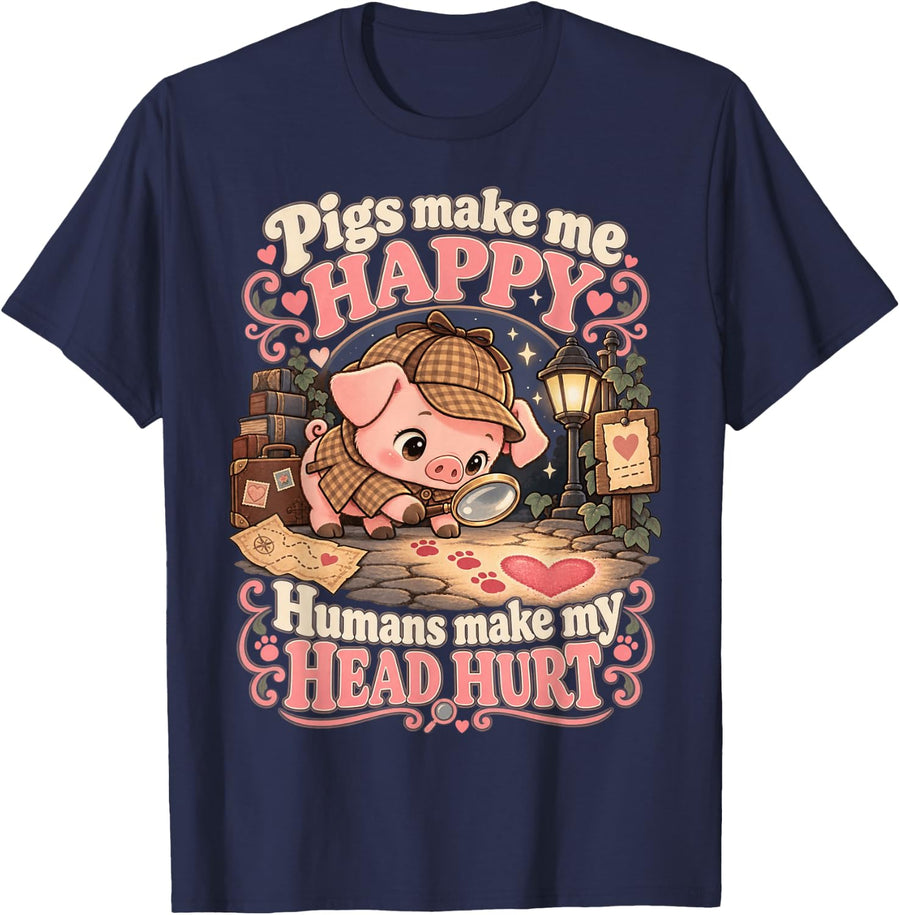 Pigs Make Me Happy Kawaii Piglet Funny Piggy Detective Pig T-Shirt - Navy Blue