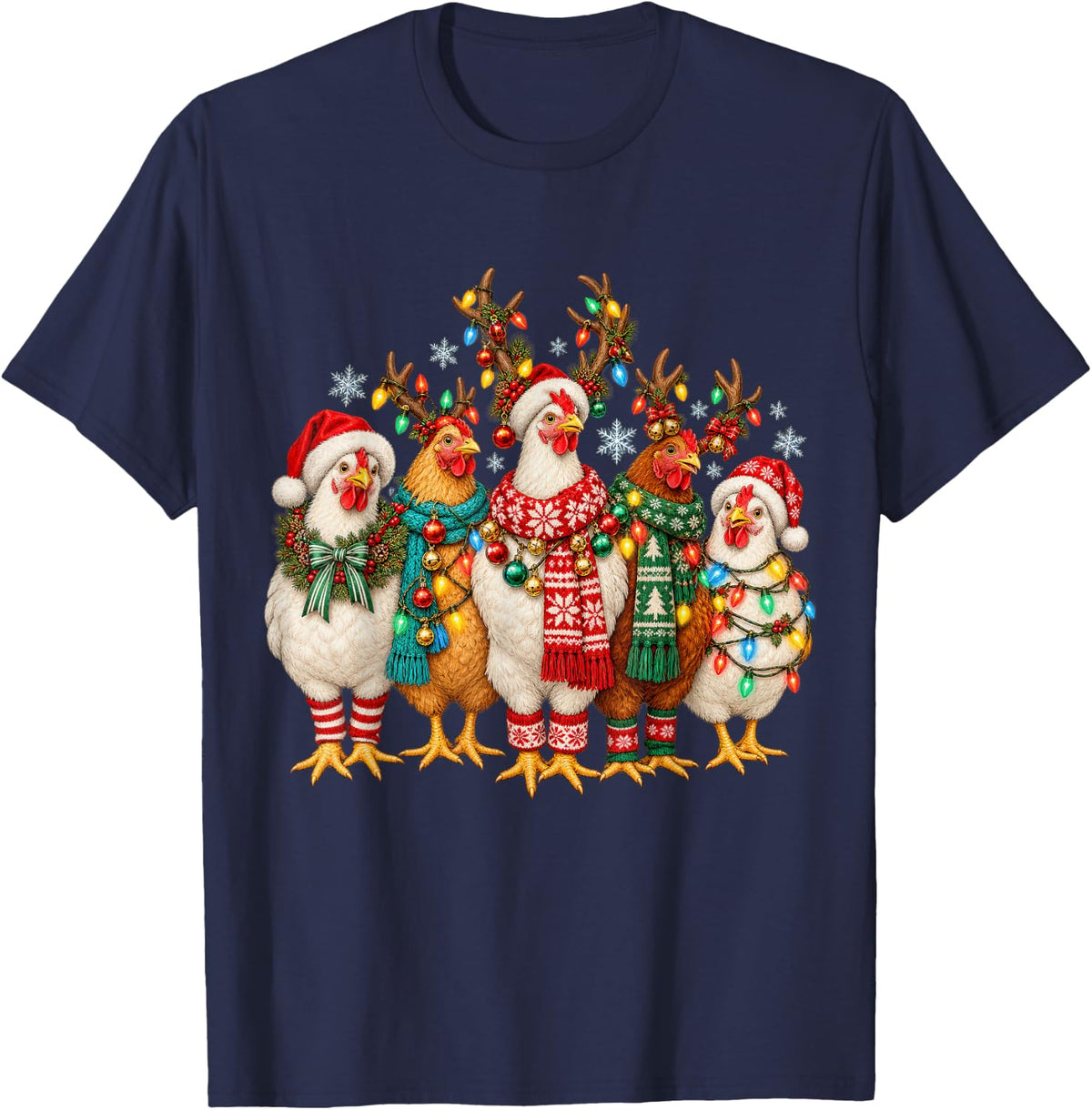 Cute Christmas Chickens Reindeer Antlers Holiday Farm Bird T-Shirt - Navy Blue